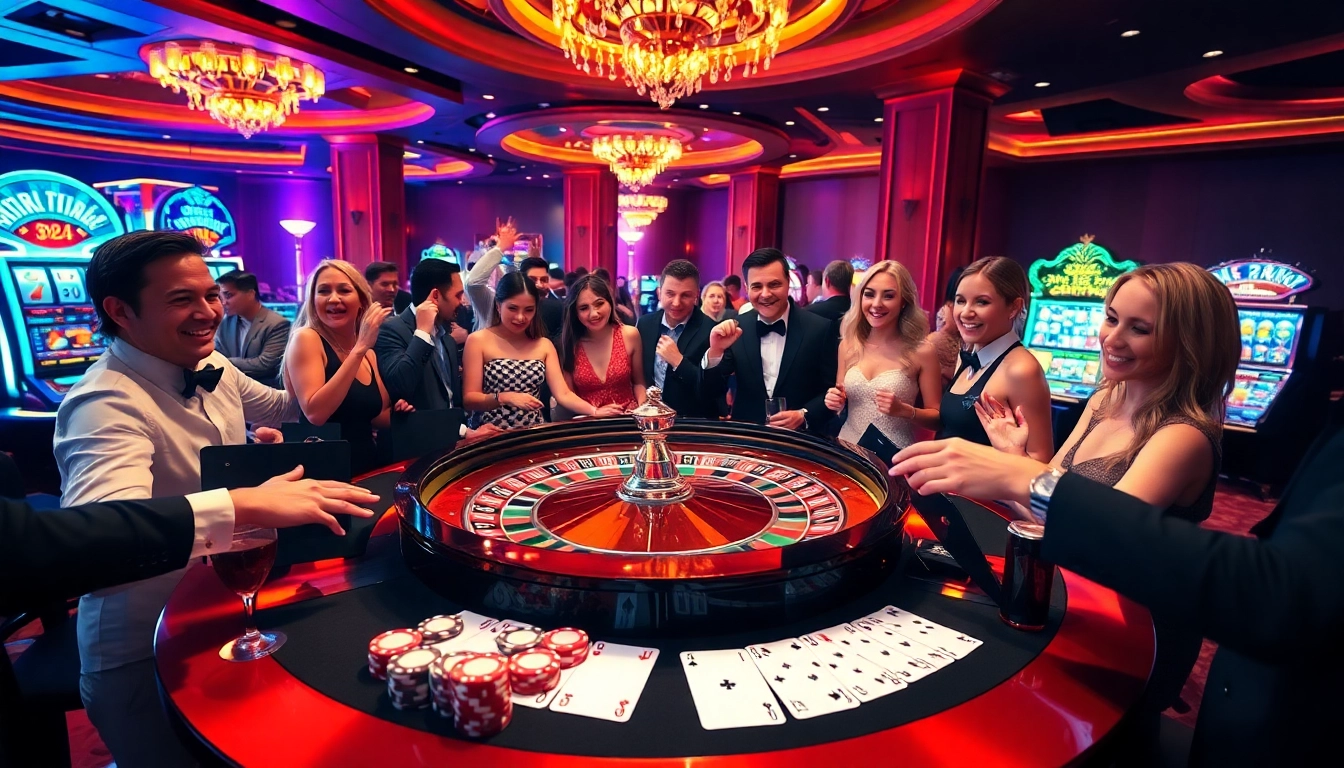Players celebrating a win at a luxurious casino featuring s8 roulette and vibrant poker chips.