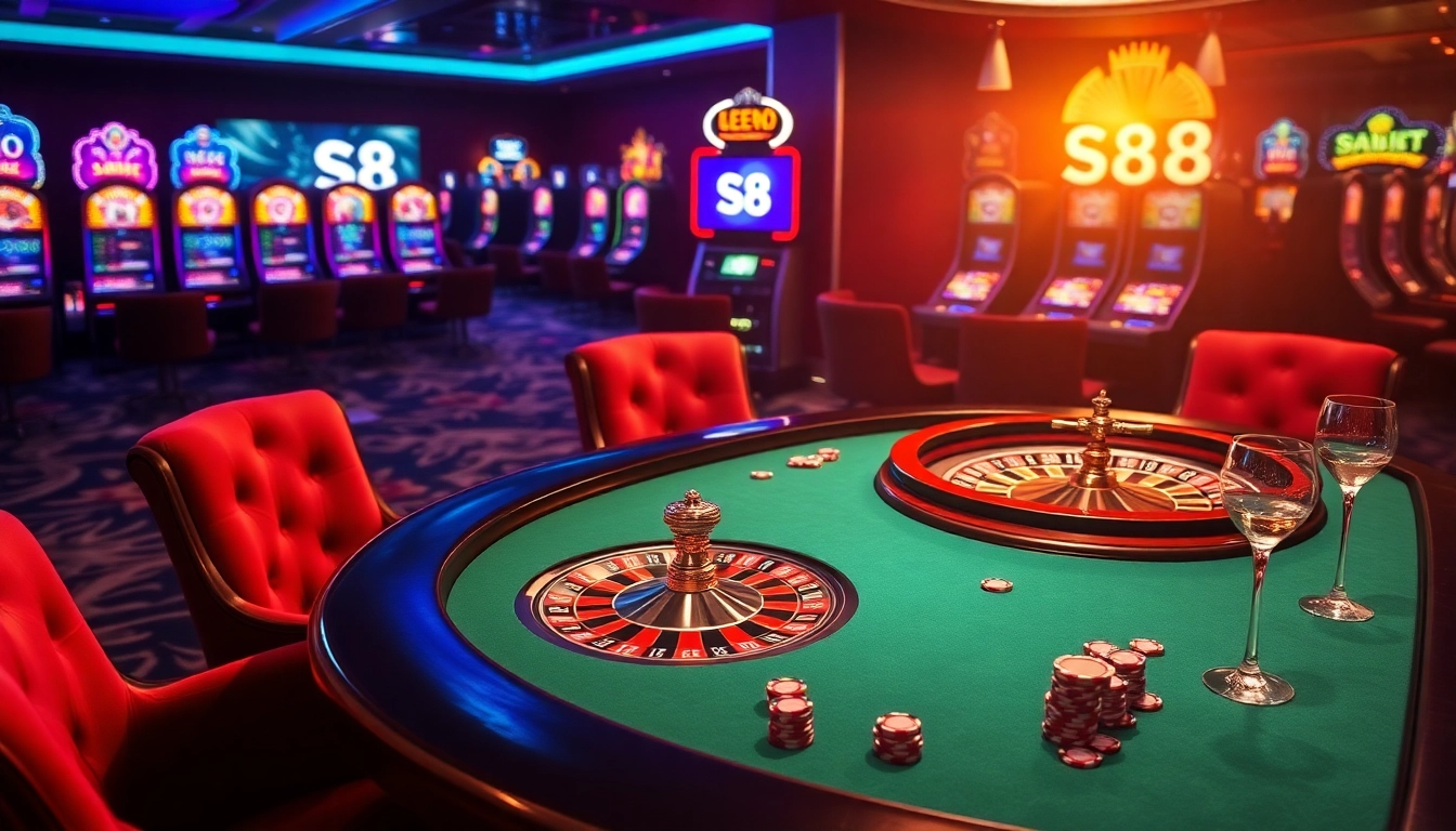 S8 casino scene with vibrant slot machines and poker chips creating a thrilling atmosphere.