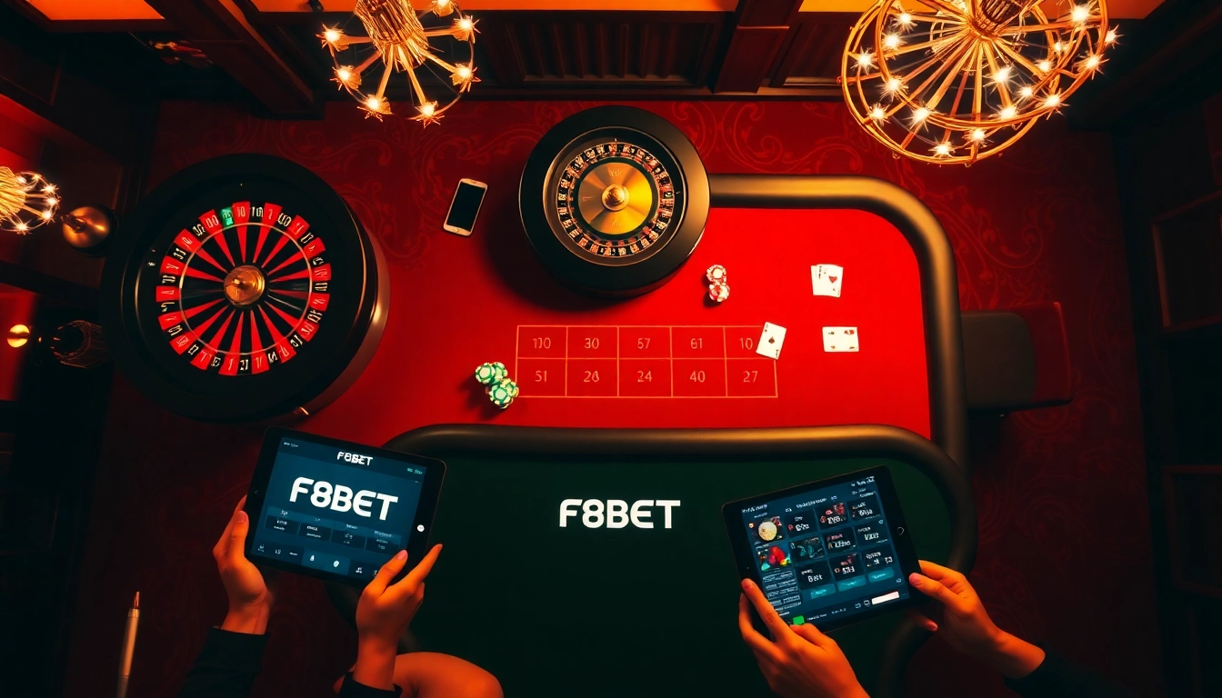 Experience high-stakes gaming at F8BET with vibrant roulette wheels and poker chips.