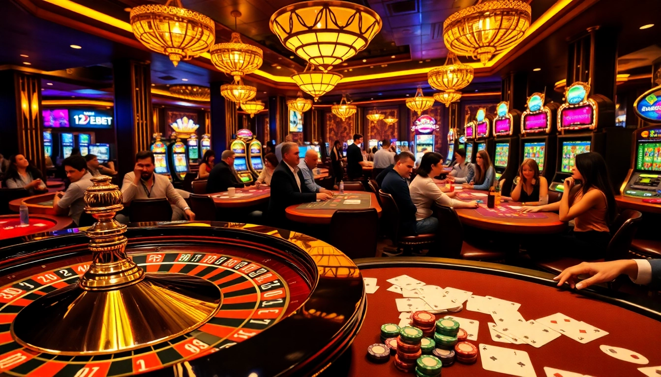 Players enjoying a thrilling gaming experience at 12bet casino with vibrant slot machines and roulette.
