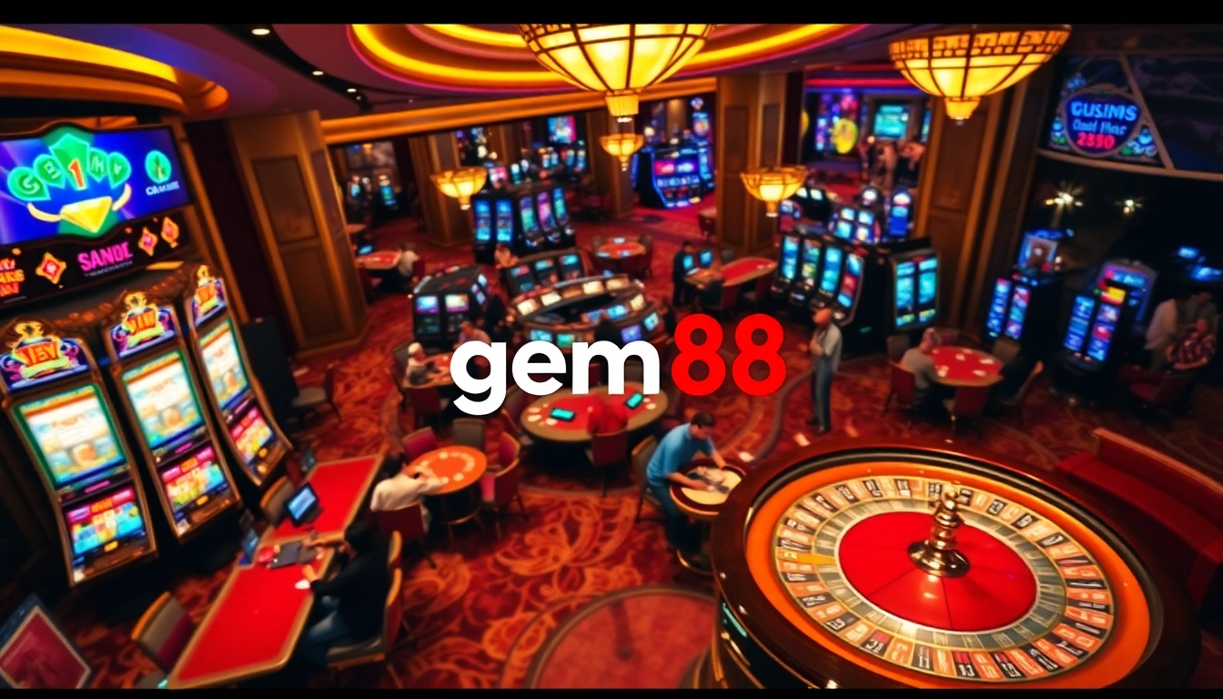 Players enjoying their favorite games at gem88 casino, surrounded by vibrant slot machines and roulette.