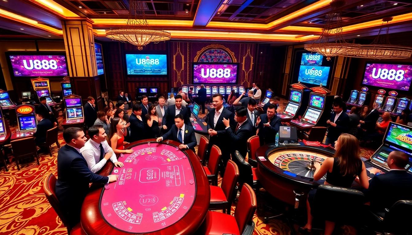 Gamblers enjoying a vibrant U888 casino experience with exciting games and high stakes.