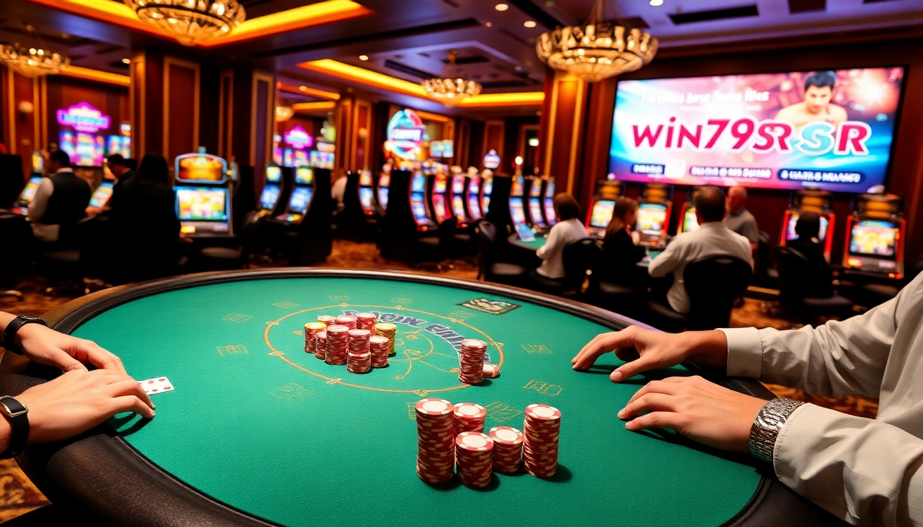Join a thrilling game at https://win79sr.com/ with vibrant poker chips and an elegant casino atmosphere.
