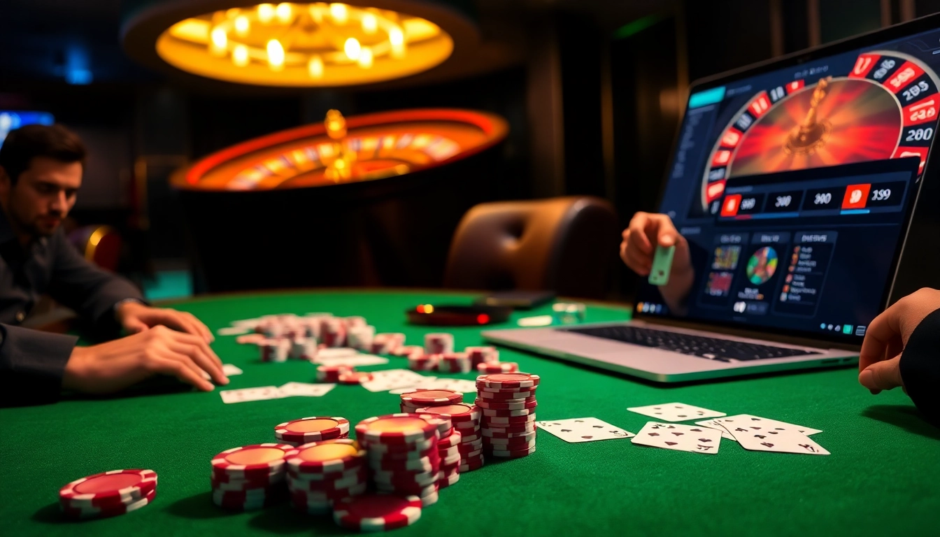 An exciting poker game at a casino table featuring https://topxx88.com/ with vibrant chips and illuminated roulette wheel.
