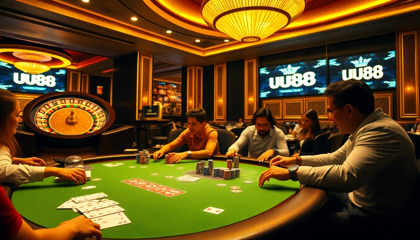 Experience the thrill of uu88 gaming at an upscale poker table with colorful chips and excited players.