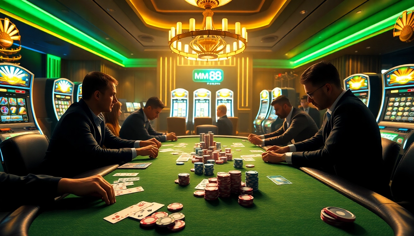 Exciting poker game at MM88 casino with vibrant chips and cards surrounded by slot machines.