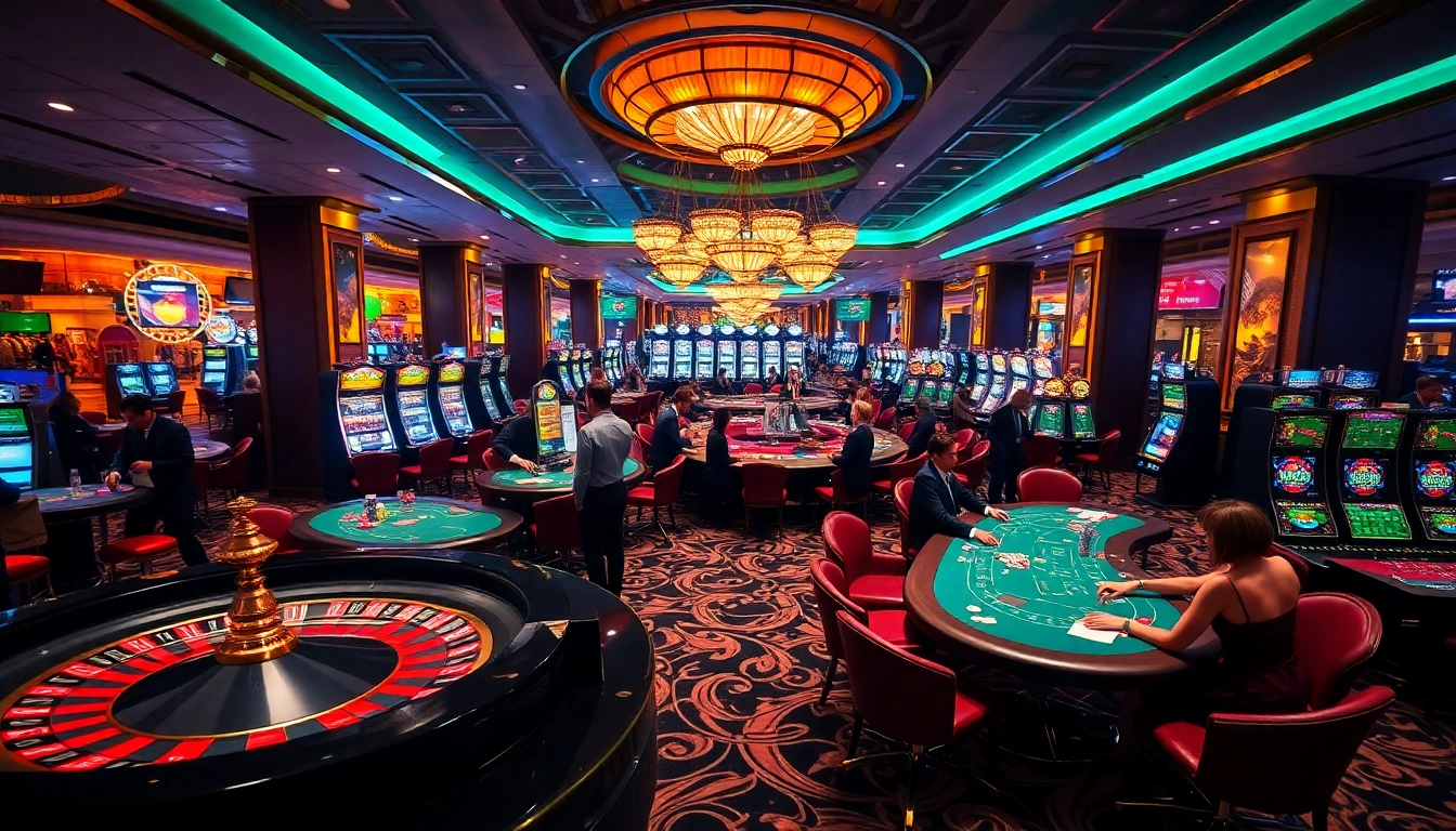 Experience exhilaration with gaming tables and slot machines at https://fly88seo.com/, showcasing a vibrant casino atmosphere.