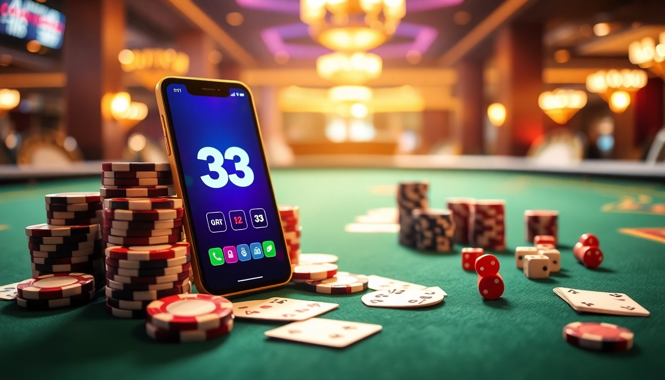 Engage with the tải app 33win on a luxurious casino table with poker chips and a smartphone interface.