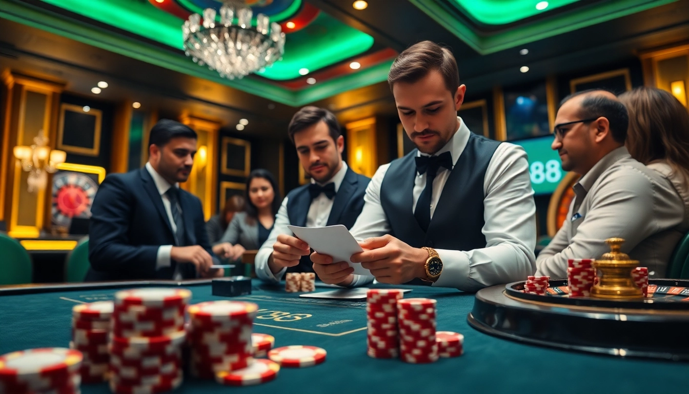 Players strategizing at SC88 poker table, surrounded by chips and excitement.