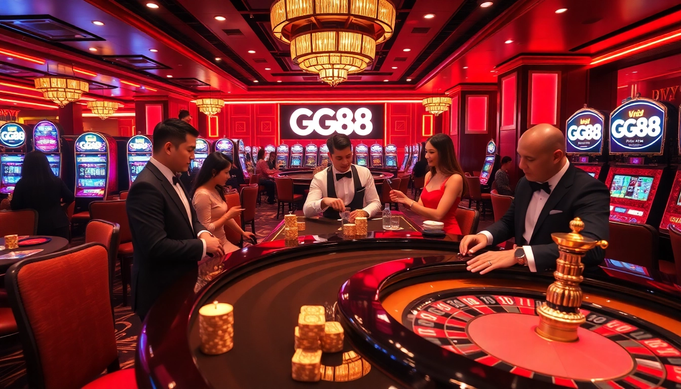 Experience thrilling gameplay at GG88 casino with professional dealers and vibrant slot machines.