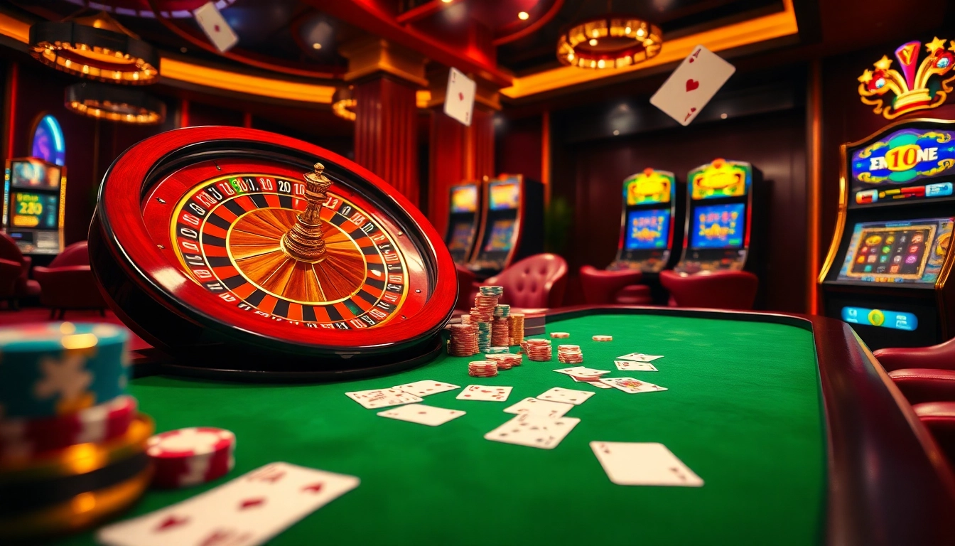 Experience thrilling casino gameplay at https://em777.live/ with a vibrant roulette wheel and colorful slots.