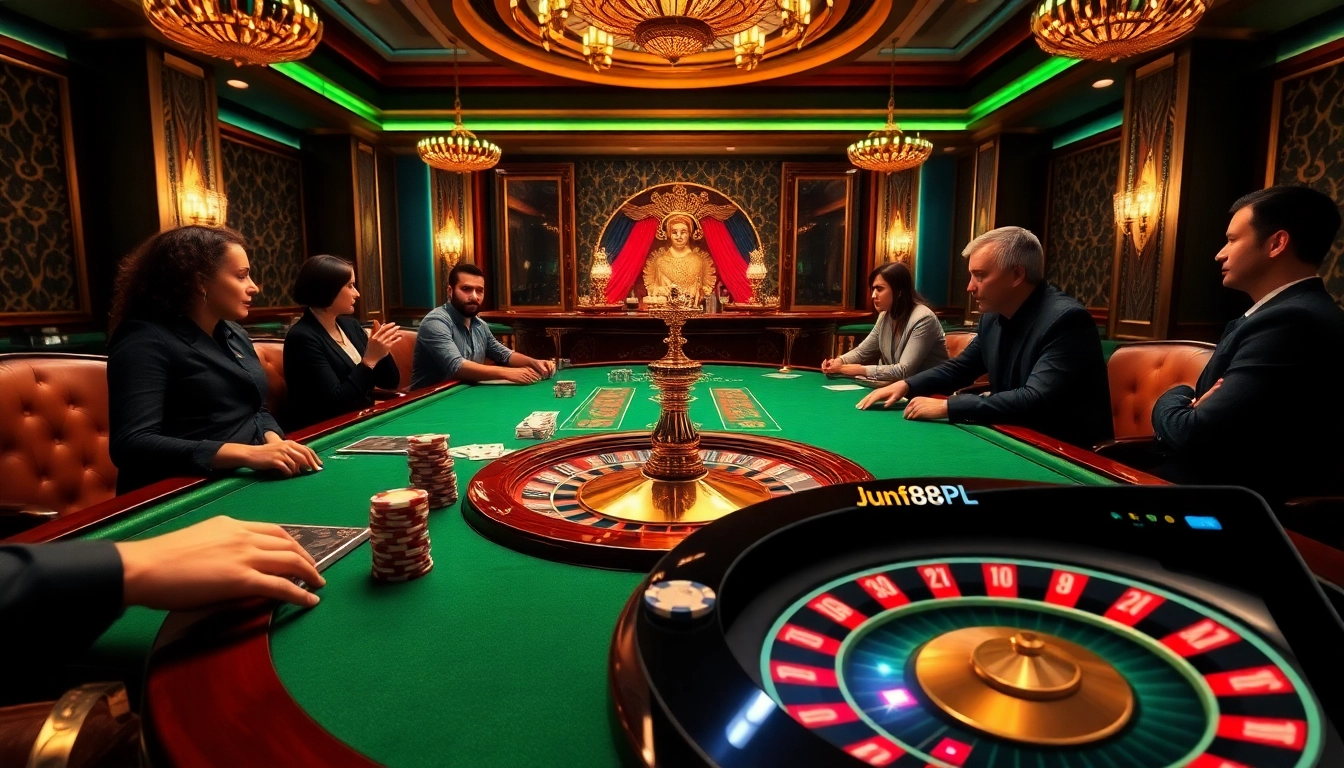Betting excitement at https://jun88pl.com/ with poker players and a roulette wheel in a luxurious casino.