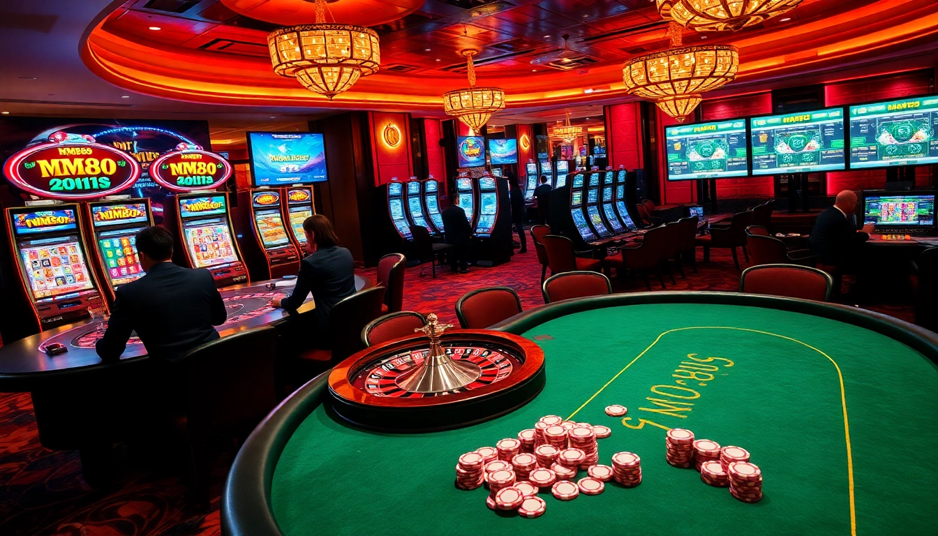 MM88 gaming scene with excited players at roulette and slot machines, capturing the casino's vibrant atmosphere.