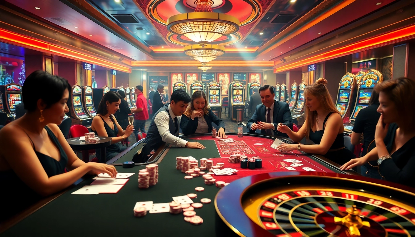 Gamblers enjoying an exciting game at a luxurious 88i casino with vibrant slot machines and tables.