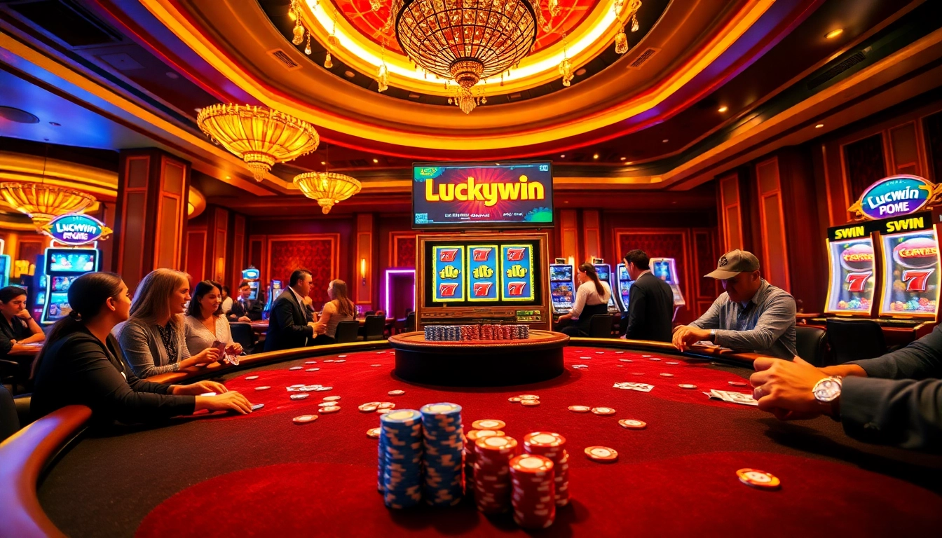 Experience the thrilling luckywin result at a vibrant poker table in a luxurious casino setting.