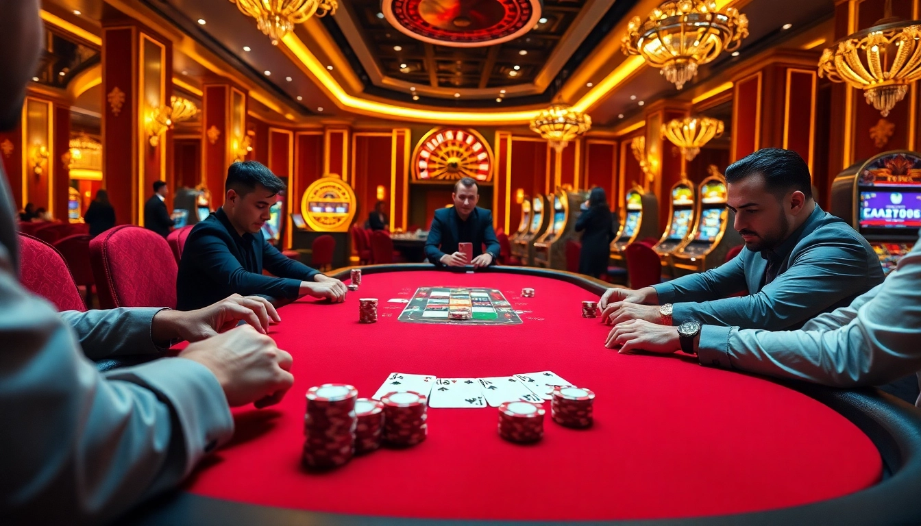 Engaging poker game at a luxurious casino, featuring a stylish table at https://okking.group/ with vibrant chips and cards.
