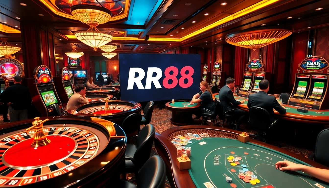 RR88 casino scene with poker tables, slot machines, and vibrant gameplay excitement.