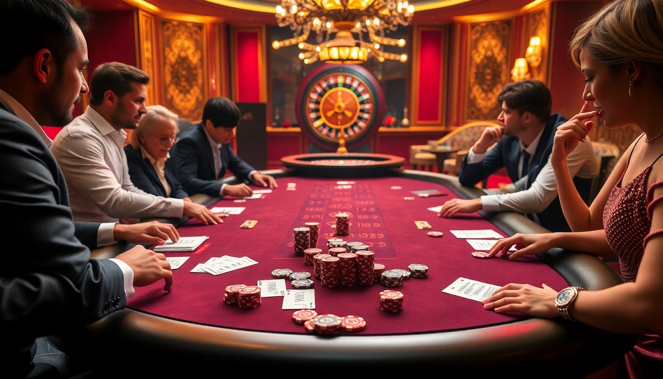A J8-themed poker game with vibrant chips and an exciting atmosphere at a luxury casino.