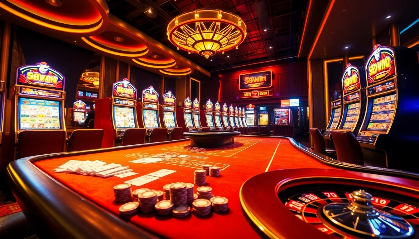 Players enjoying the 58win casino experience with vibrant slot machines and poker chips.