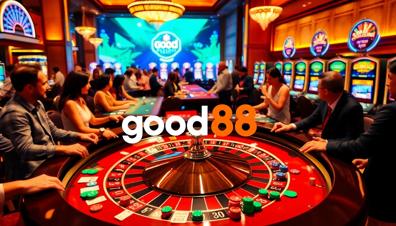 Excited gamblers place bets at a roulette table at good88 casino, full of vibrant chips and cards.