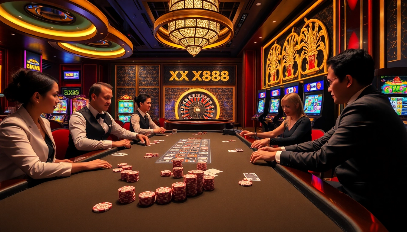 Players enjoying a thrilling poker game at XX 88 casino with vibrant table games.