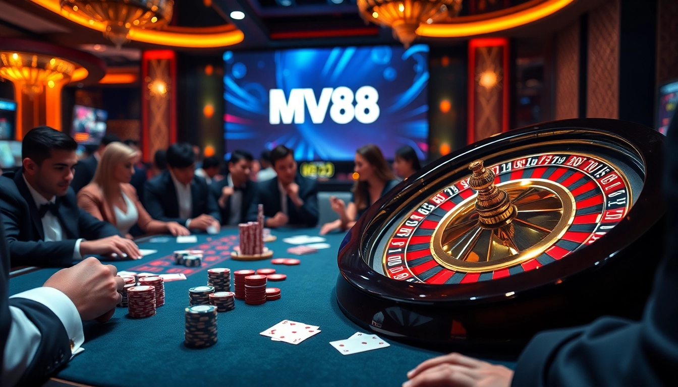 The MV88 casino experience showcasing elegant gambling tables and vibrant poker chips.