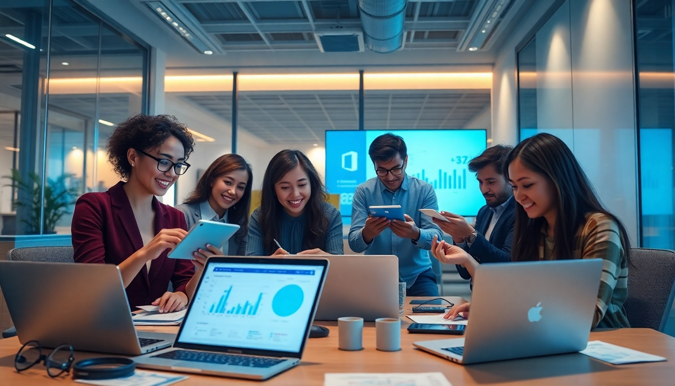 现代办公室专业人士在多设备上使用 WPS下载 软件协作。