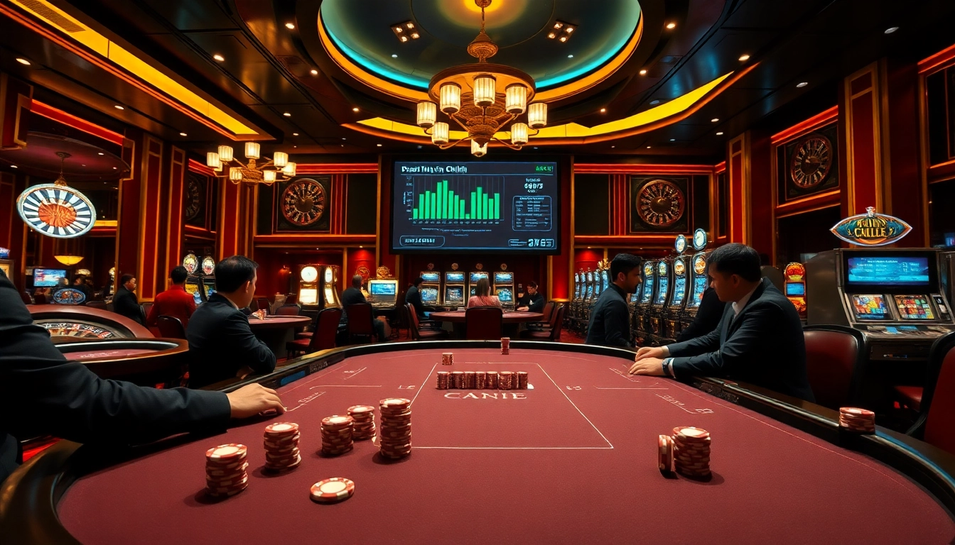 Tác giả Trần Chinh analyzing high-stakes poker gameplay in a luxurious casino environment.