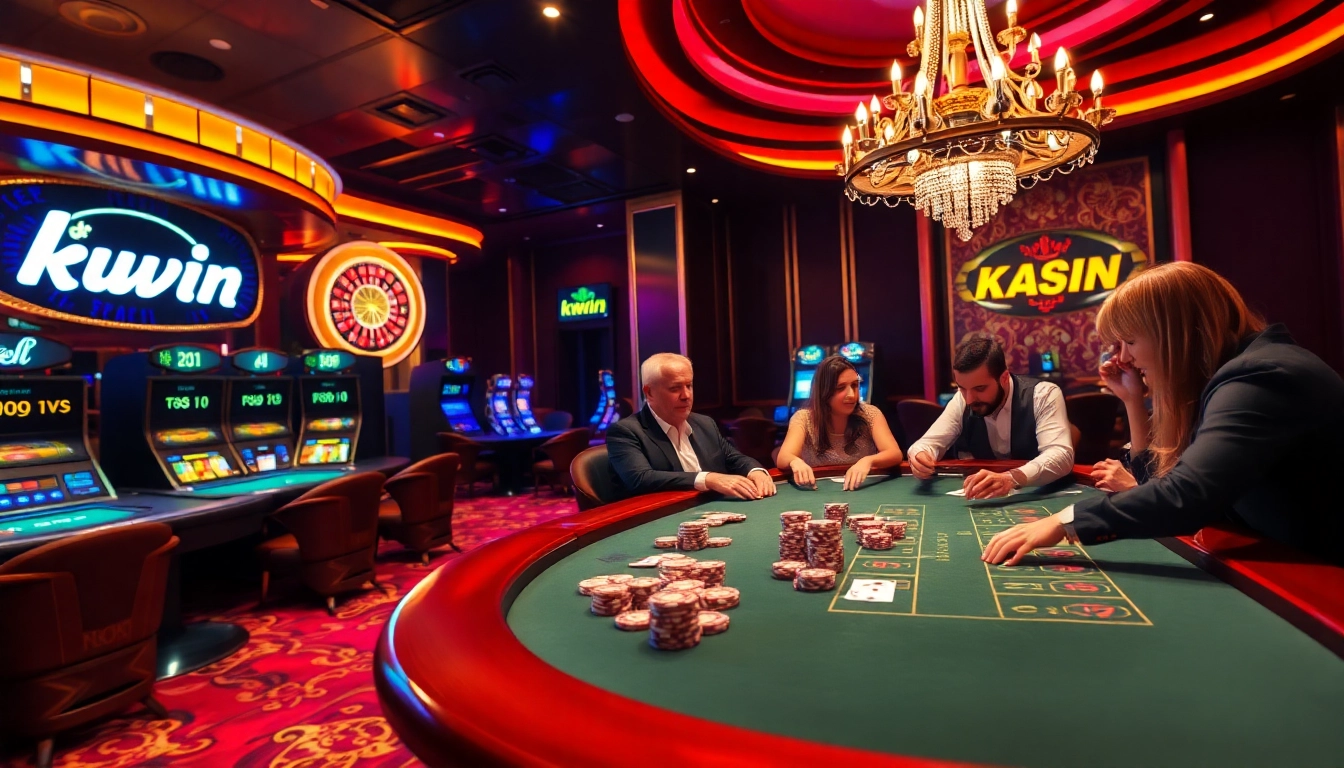 Kwin players strategize for a win at a luxurious casino poker table.