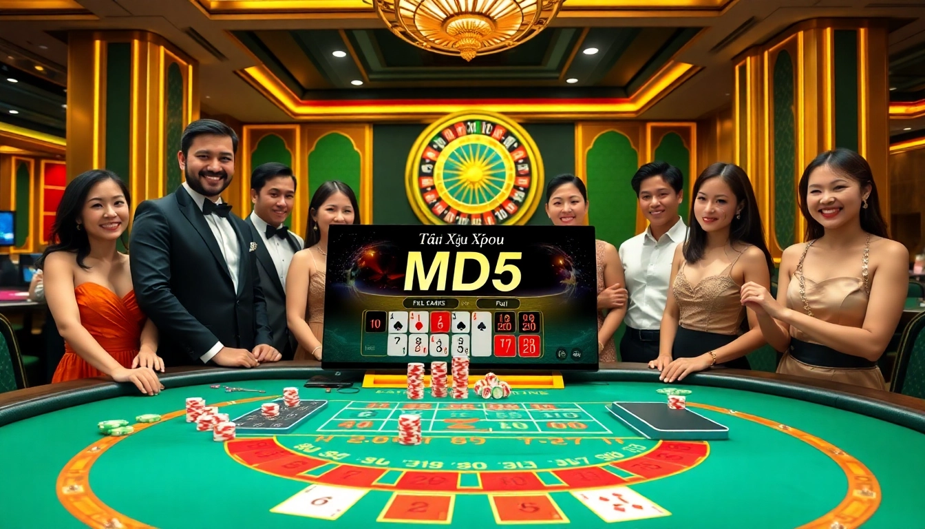 Tai Xiu MD5 gaming at a luxurious casino table with diverse players enjoying the excitement.