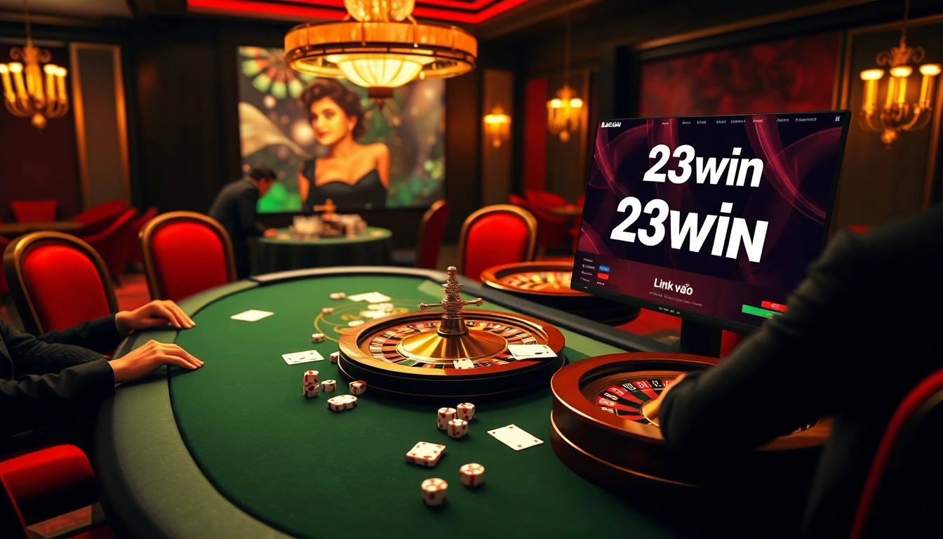 Exciting gambling scene featuring Link vào 23win with poker chips and roulette wheel.