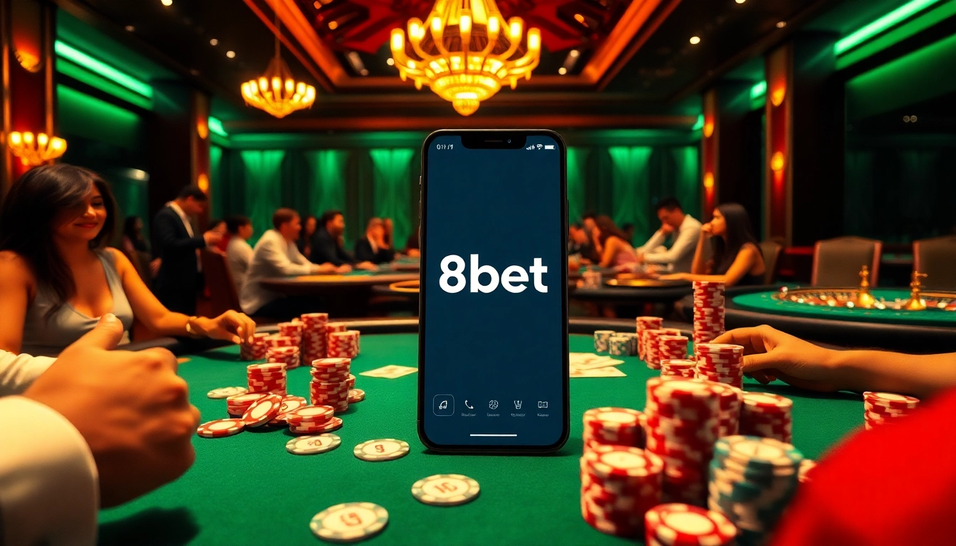Engage with thrilling 8kbet casino action at a luxurious poker table featuring chips and cards.