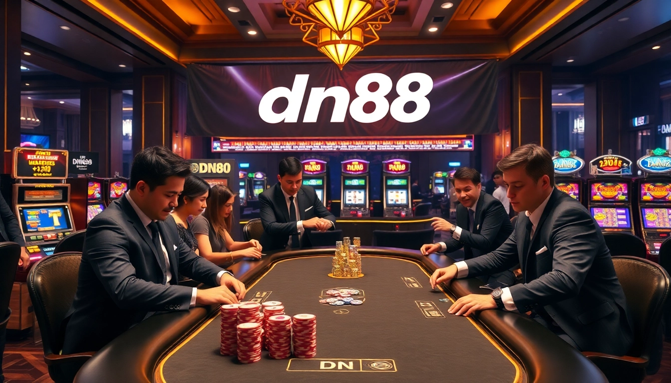 Engaging poker game at DN88 casino with vibrant chips and professional dealers.