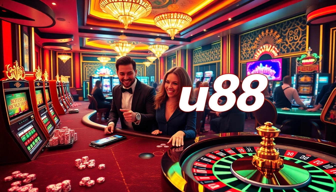 Exciting gambling atmosphere at uu88 casino with players at poker table and slot machines.