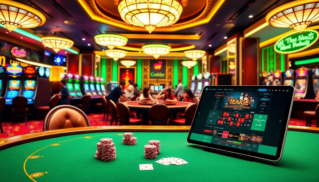 Experience the thrill of 388bet casino with vibrant gaming tables and slot machines in action.