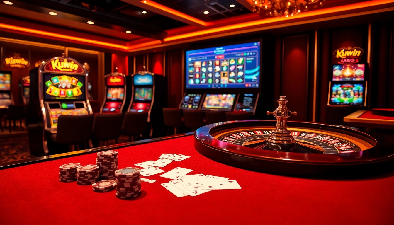 Kuwin casino scene showcasing a luxury gambling table with poker chips and roulette wheel.