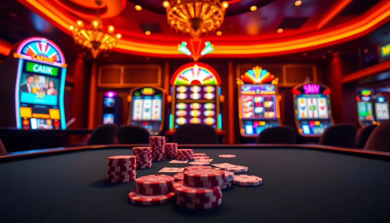 Action-packed scene of 88i nhà cái casino table with poker chips and vibrant slot machine lights.