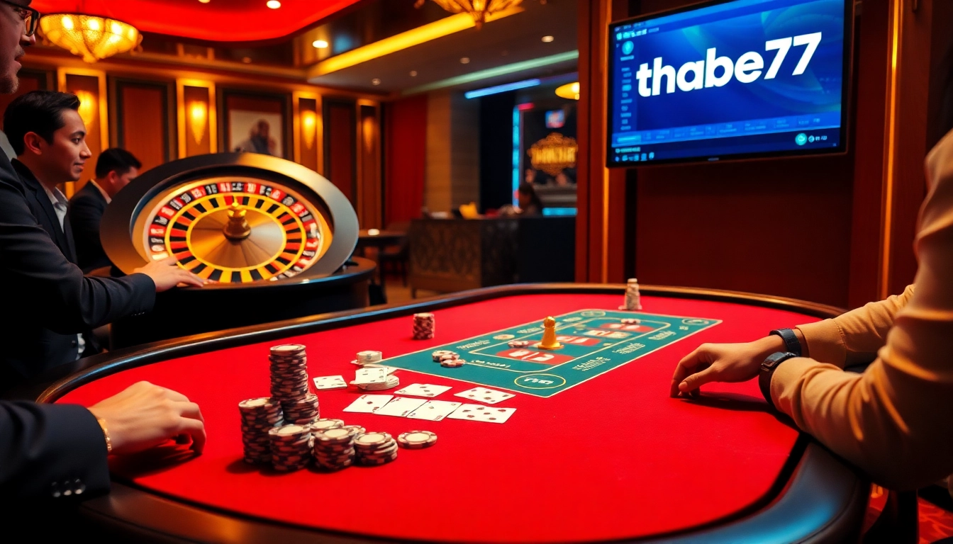 A vibrant casino scene featuring thabet77 logo alongside poker chips, cards, and a spinning roulette wheel.