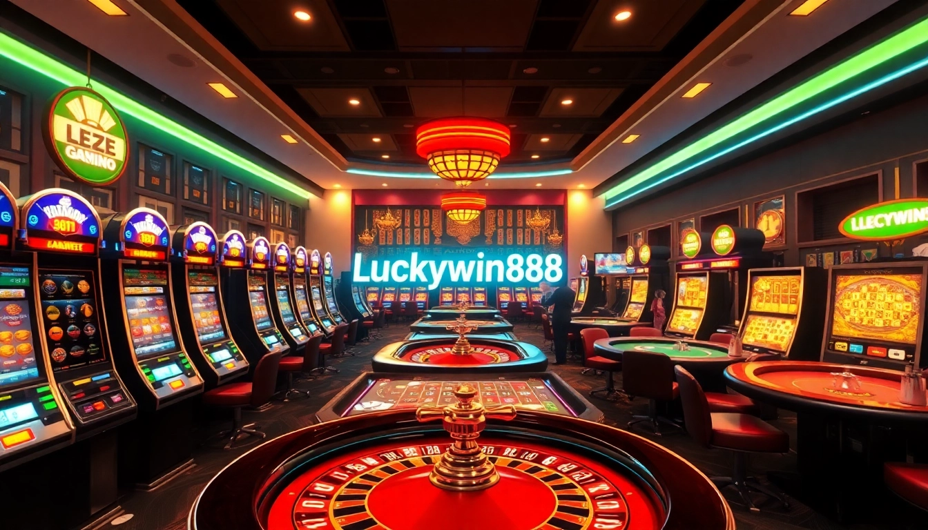 Luckywin888 capturing the thrill of online gambling with vibrant slots and poker tables.