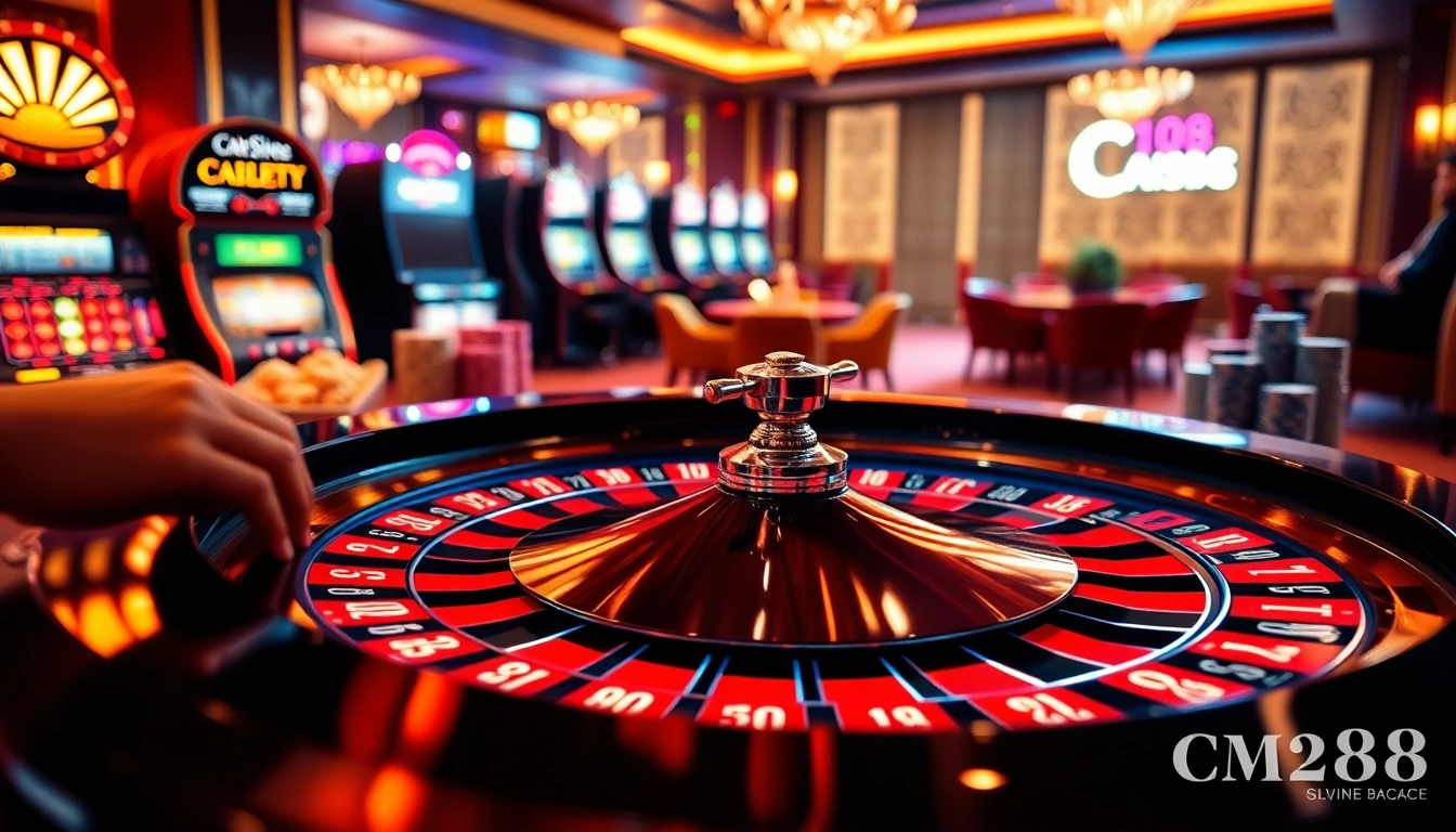 Players enjoying the CM88 casino experience with vibrant roulette wheels and poker chips stacked high.