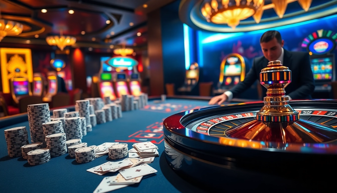 Experience excitement and strategy at Nhà Cái LC88 with a vibrant casino table filled with poker chips.