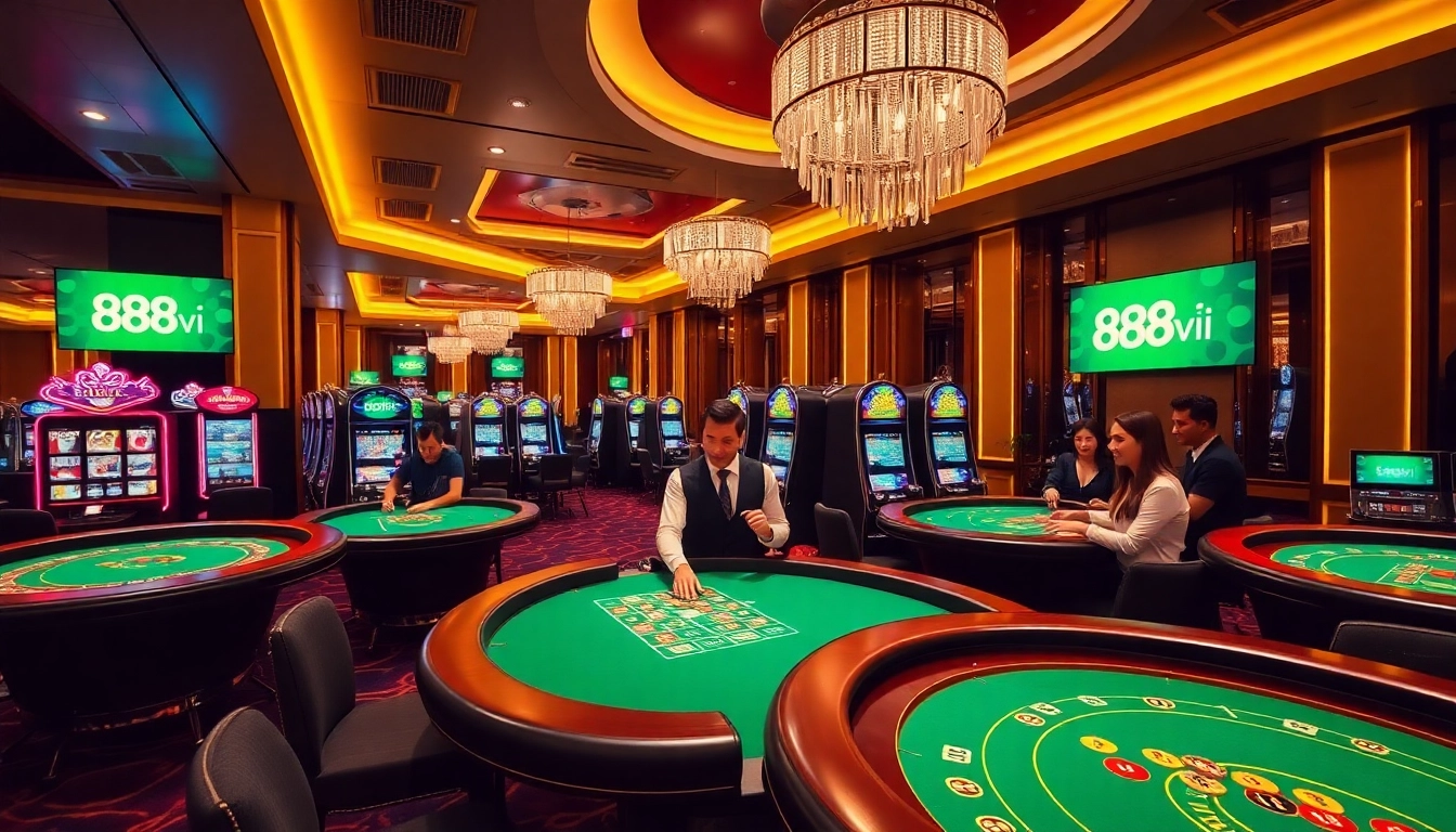 Players enjoying thrilling games at 888vi casino, surrounded by vibrant lights and high stakes.
