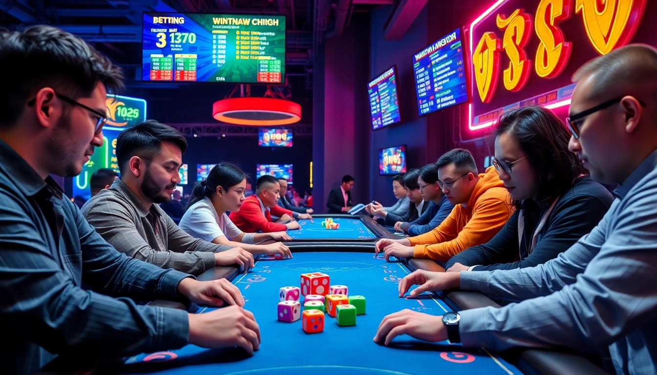 Dynamic gaming experience of tài xỉu md5 with vibrant dice and excited players.