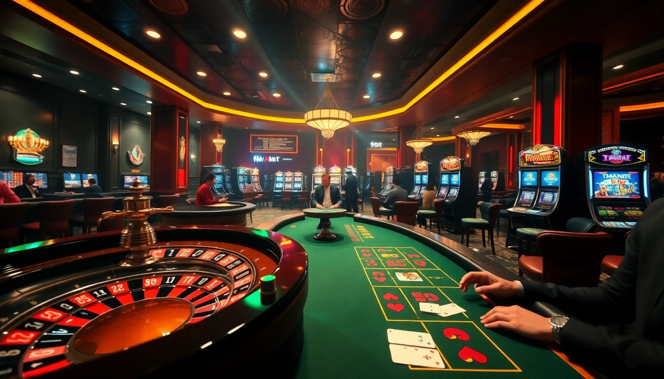 Experience the excitement of THA BET with players at an upscale casino gambling scene featuring a roulette wheel and slot machines.