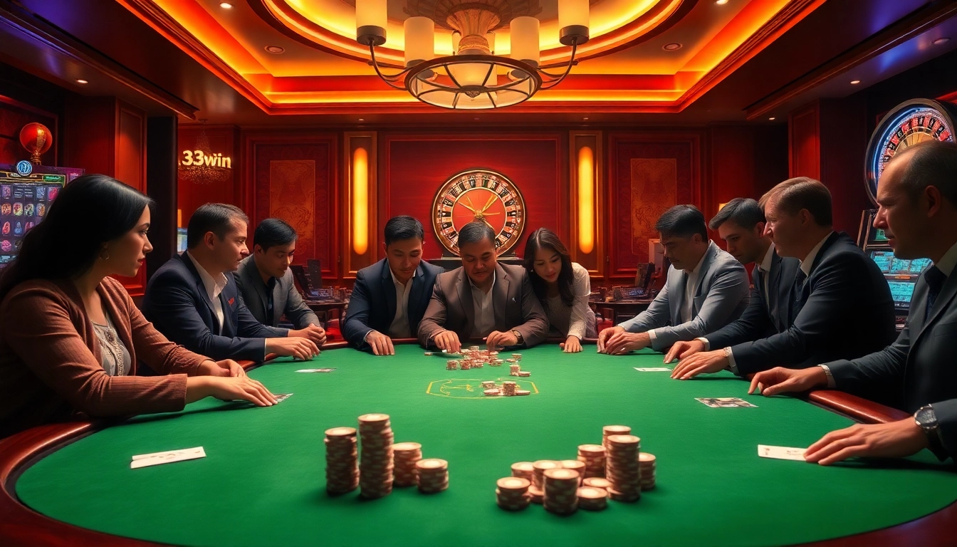 Players enjoying a thrilling poker game at 33win casino, surrounded by luxurious decor and bright casino elements.