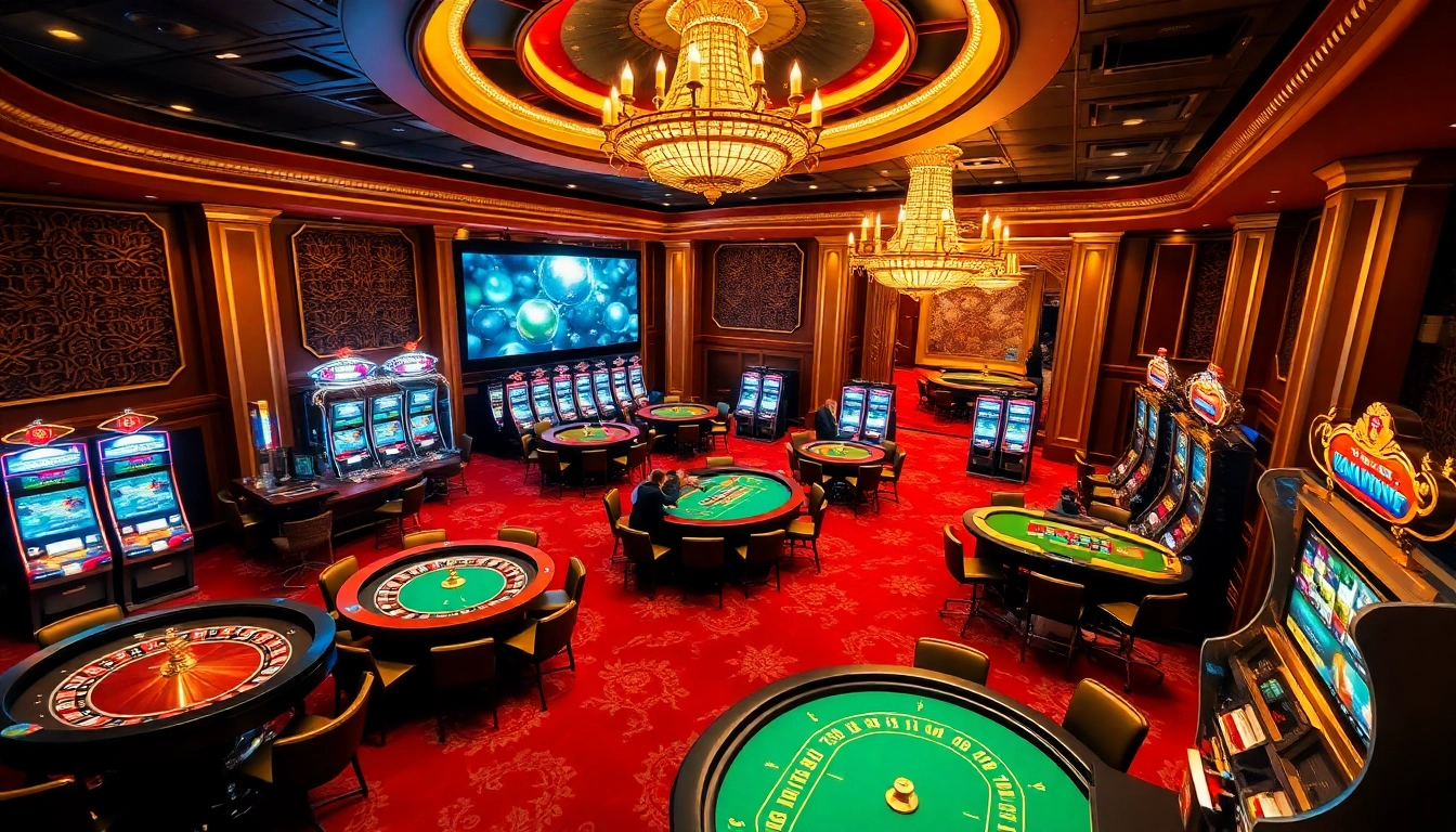 Experience the excitement of vao w88 at a luxury casino, featuring poker tables and vibrant slot machines.