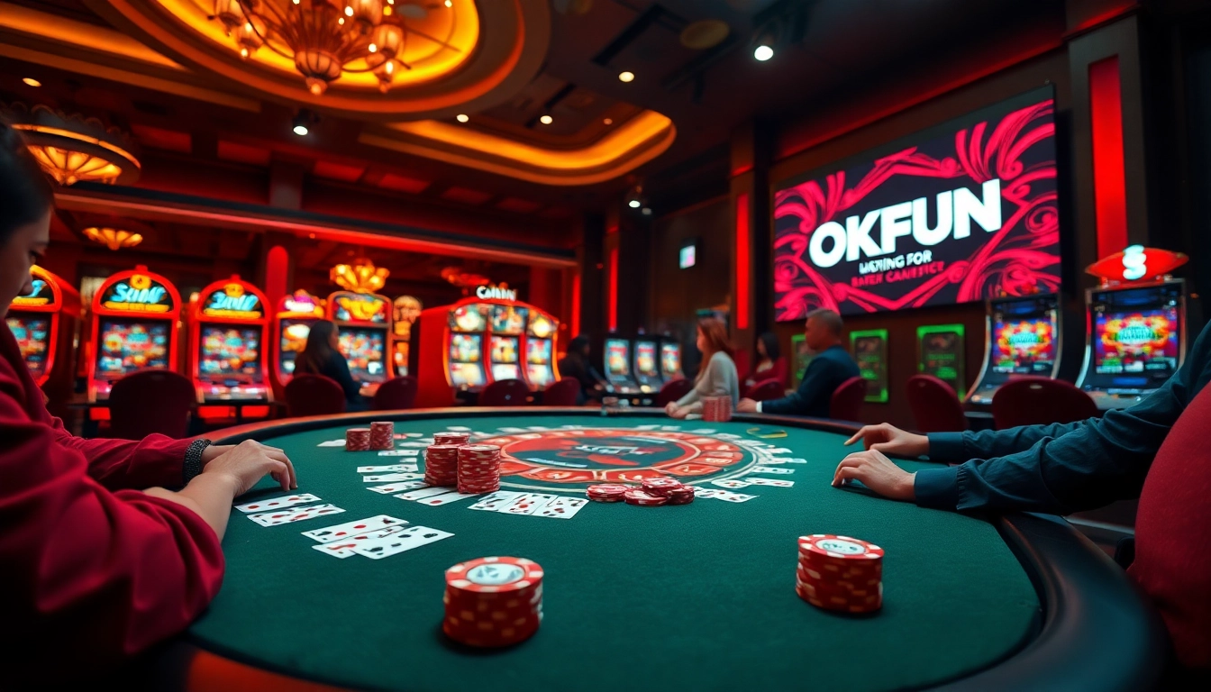 Experience the excitement of OKFUN đăng ký with players at luxurious casino tables, poker chips, and online gaming.
