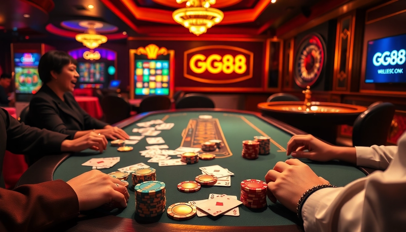 Engaged players at a high-stakes poker table with GG88 branding elements.