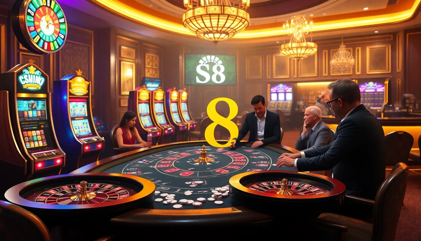 Players enjoying high-stakes poker at S8 casino, showcasing vibrant slot machines and roulette wheels.