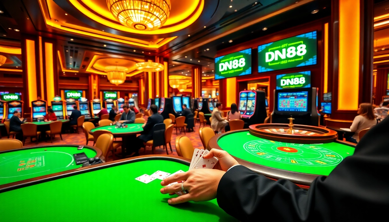 Experience the excitement of DN88 casino games with vibrant visuals of poker tables and slot machines.